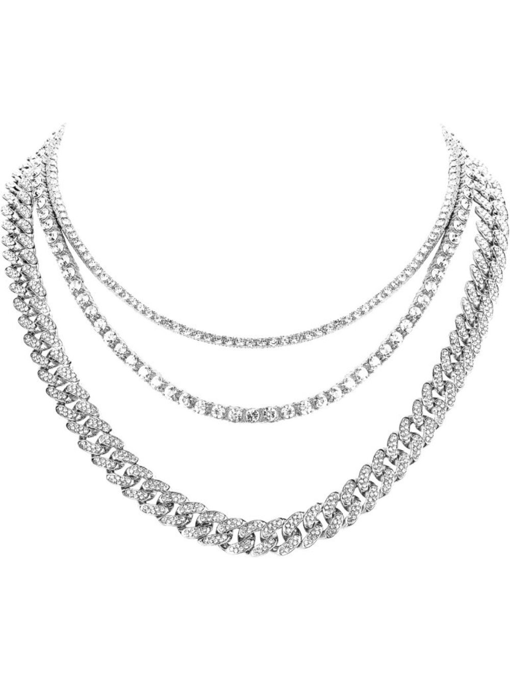 Iced Out Diamond Tennis & Cuban Link Chain Necklace Set for Men & Women - 3Pc